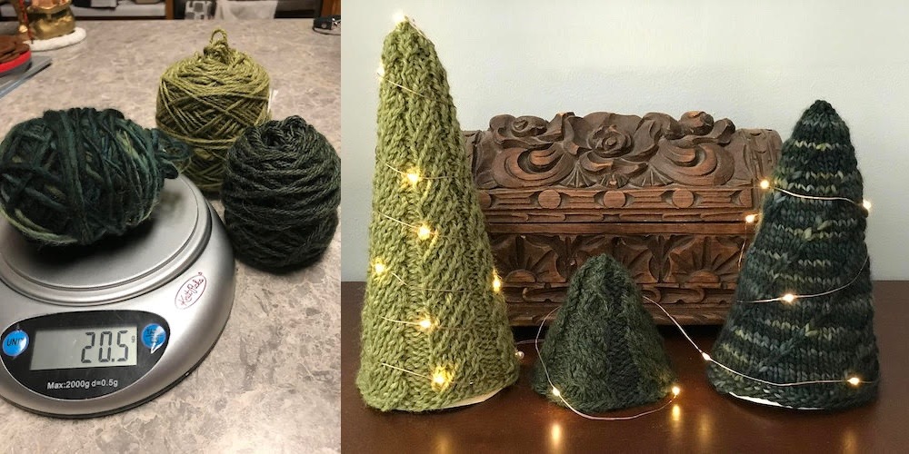 balls of yarn on a scale and knit Christmas trees