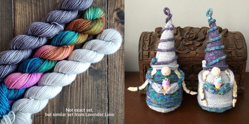mini skeins of yarn and knit gnomes