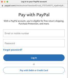 Screenshot of the PayPal checkout pop up. 