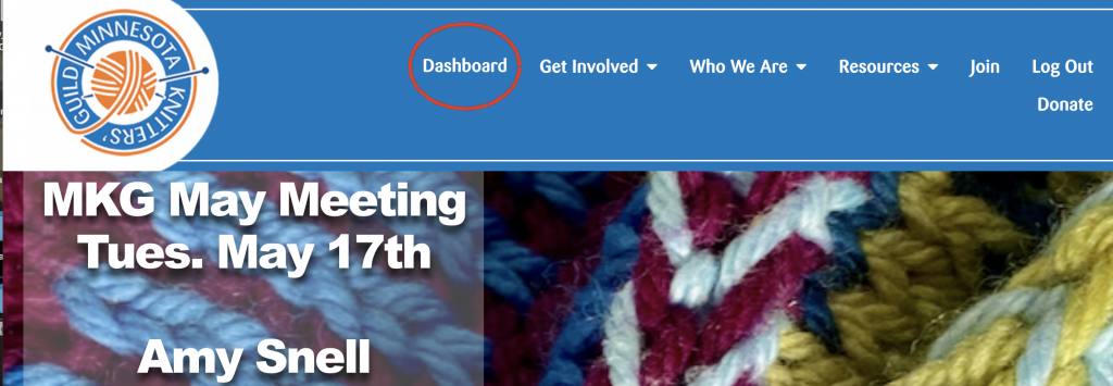 Screen shot of the front page of the website with the word Dashboard circled