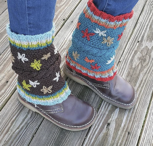 Hand knit boot toppers with embroidered flowers
