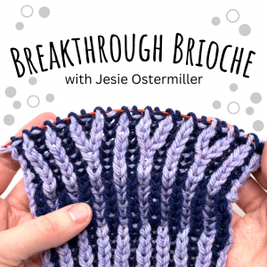 Hand holding a sample of two-color brioche knitting